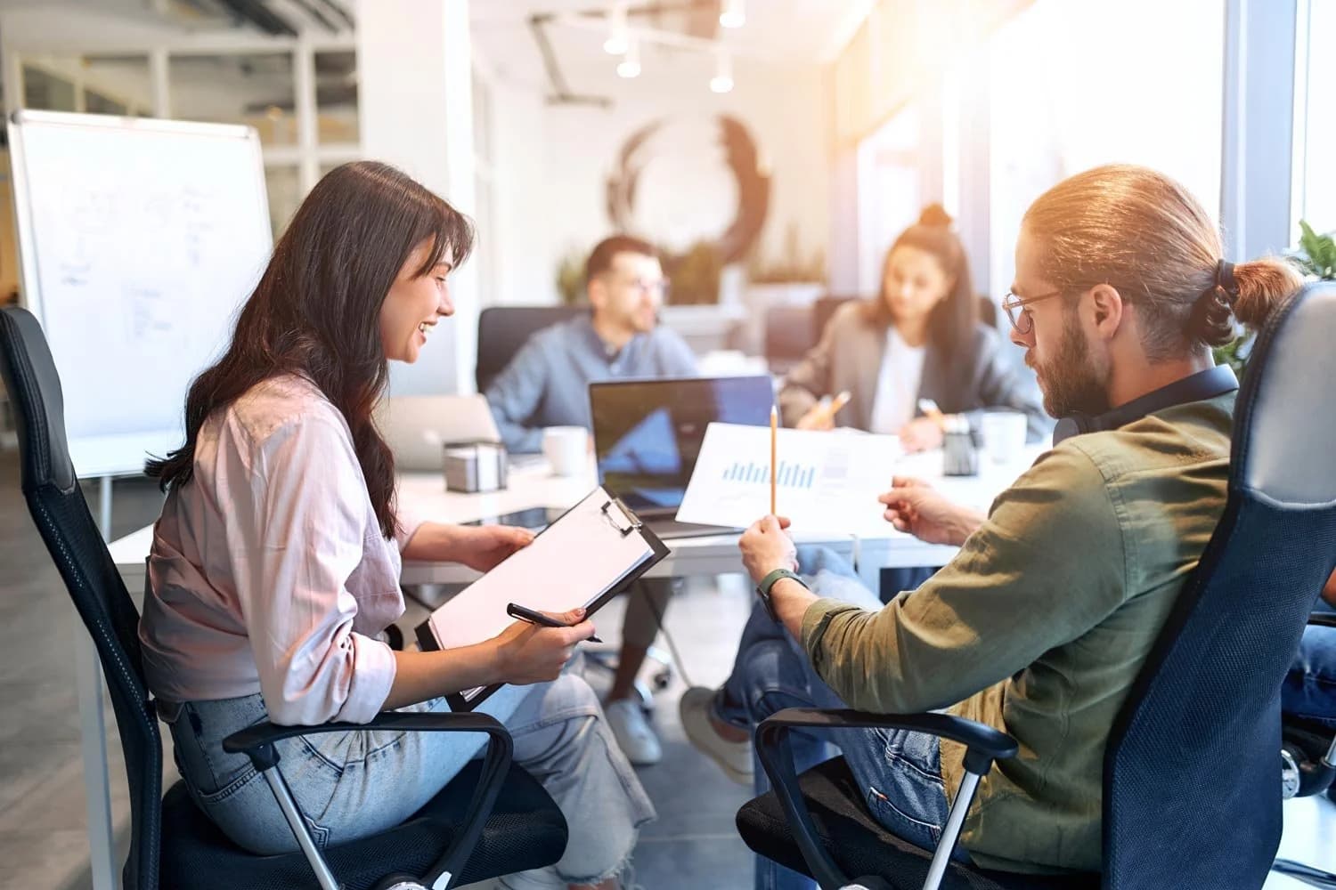 Team reviewing business data together